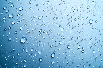 Poster - Water drops on blue gradient surface create natural pattern of scattered raindrops and condensation, showing surface tension and purity in macro view.