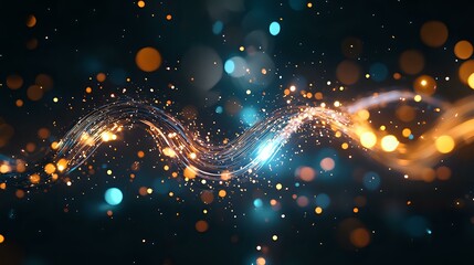 Poster - Magical glowing wave with orange and blue bokeh lights on dark background, sparkling particles flowing in dynamic motion. For festive designs.