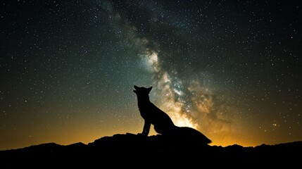 Wall Mural - fox silhouetted against a vibrant milky way galaxy at night.