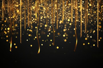 Poster - Shiny golden confetti and ribbons falling against a black backdrop, creating a festive atmosphere for new year's eve or other celebratory occasions