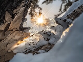 Wall Mural - sunburst through icy tree bark and snow.