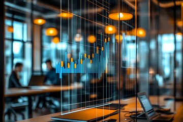 Poster - Financial chart overlay on blurred modern office background with glowing orange lights and business people working at desks, showing market growth analysis.