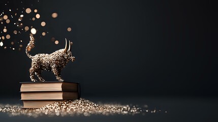 Poster - Magical cat silhouette made of golden glitter standing on stack of books with sparkles and bokeh lights floating against dark background. Fantasy concept.