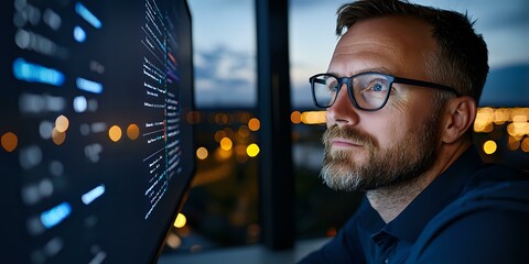Poster - Mature Caucasian male programmer with glasses and beard analyzing code on computer screen in evening office, illuminated by blue monitor glow and city lights.