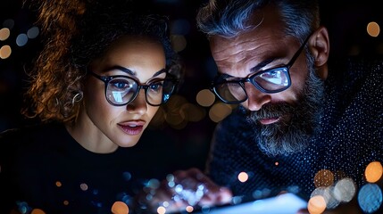 Poster - Young African American woman and mature bearded Caucasian man in glasses looking at glowing digital device screen with bokeh lights in dark environment.