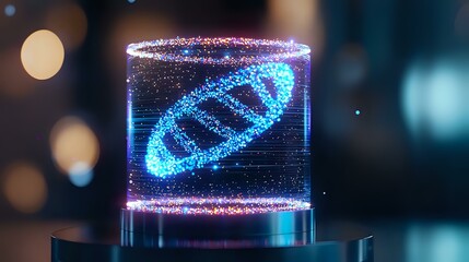 Poster - glowing holographic dna strand in blue light floating inside cylindrical display with sparkles and p