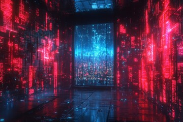 Poster - Futuristic digital environment with glowing red and blue elements and a city view at night