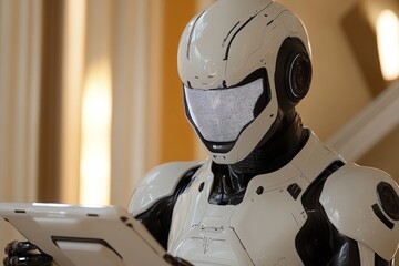 Poster - Robot interacting with a tablet in a modern interior during daytime