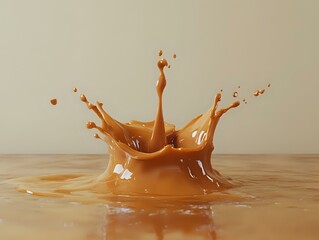 Poster - Crown-shaped splash of caramel liquid creating dynamic motion and droplets on beige surface, frozen moment of fluid dynamics captured in high-speed photography.