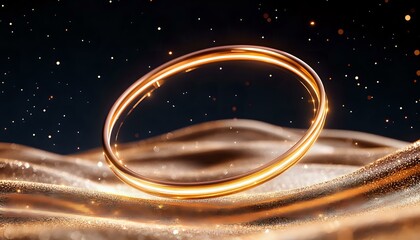 Poster - Glowing golden ring floating over shimmering waves of sand and stardust against dark starry sky background, magical fantasy concept for jewelry design and decoration.