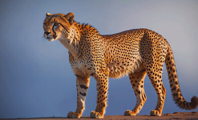 Poster - Cheetah is standing on a rocky surface, looking to the left. Concept of strength and power, as the cheetah is a large and majestic animal. The rocky surface adds a sense of ruggedness
