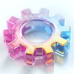 Poster - Colorful glass gear wheel with rainbow gradient effect and transparent crystalline structure on light background, isolated object for design projects.