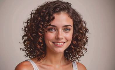 Poster - Woman with curly hair is smiling and looking at the camera. She has a white tank top on