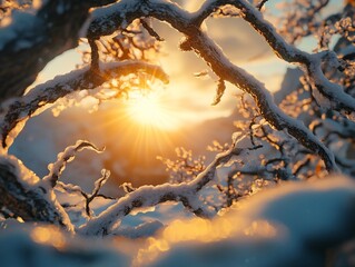 Wall Mural - snow-covered branches frame a vibrant sunset.