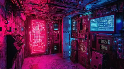 Poster - Neon Cyberpunk Corridor: A Digital Dreamscape