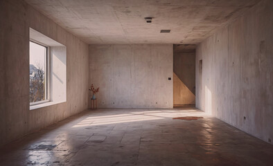 Poster - Large empty room with a window and a vase on a table. The room is bare and empty, with no furniture or decorations. The vase is placed on a table in the center of the room, and the window is open