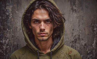 Aufkleber - Man with long hair is wearing a green hoodie and looking at the camera. The image has a moody and somewhat mysterious feel to it, as the man's expression and the hoodie's color create a sense of depth