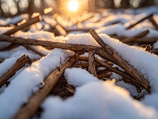 Wall Mural - snow-covered twigs at sunset.