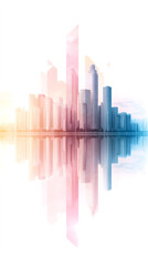 Aufkleber - Cityscape mirroring on water surface, vibrant colors blending with architectural silhouettes during golden hour twilight