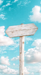 Poster - Wooden arrow sign indicating the direction with a beautiful blue sky with clouds in the background