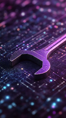 Poster - Metallic wrench lying on a glowing purple circuit board, symbolizing technical support, maintenance or repair in a technological environment