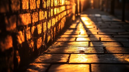 Wall Mural - golden sunset light casts shadows on a brick wall and cobblestone pathway.
