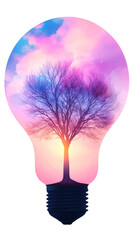 Poster - Surreal image of a light bulb containing a bare tree growing during a colorful sunset, symbolizing environmental awareness and renewable energy