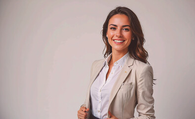 Poster - Woman in a business suit is smiling and posing for a photo. Concept of professionalism and confidence, as the woman is dressed in a suit and tie and he is in a good mood