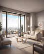 © SecretCanvas - Beige minimalist living room in spacious second floor window with city views and modern design aesthetic Interior Design Inspiration