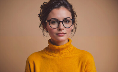 Poster - Woman wearing glasses and a yellow sweater. She has a nice smile on her face. Concept of warmth and friendliness
