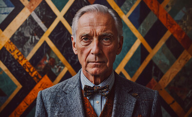 Poster - Man in a suit and bow tie is standing in front of a colorful wall. The man is serious and focused, as he stares at the camera. The colorful wall behind him adds a sense of vibrancy