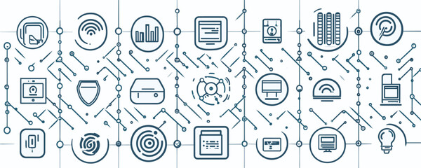 Linear flat technology icons set featuring network, security, and communication elements.