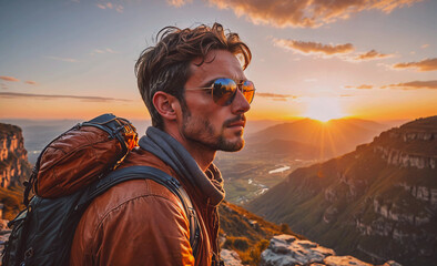Aufkleber - Man wearing sunglasses and a brown jacket is standing on a mountain top. The sun is setting in the background, creating a warm and peaceful atmosphere