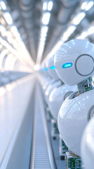 Aufkleber - Robotic figures with electric blue eyes surveying advanced data center, representing AI technology