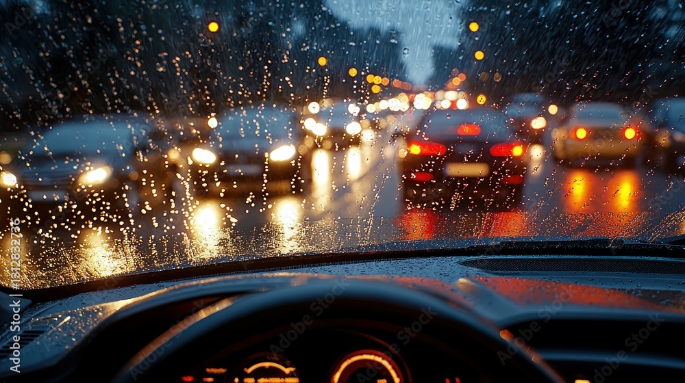Rainy night traffic jam viewed from inside a car. Stock Photo | Adobe Stock