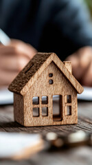 Poster - Small wooden house model on a desk with real estate agent signing contract in background, representing home investment and property purchase