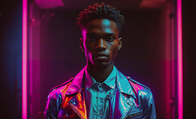 Aufkleber - Man in a shiny jacket stands in front of a neon light. The image has a futuristic and edgy vibe, with the neon lights adding a sense of mystery and intrigue