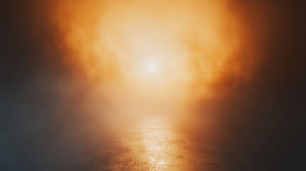Wall Mural - glowing orange light shining through smoky fog, reflecting on wet ground.