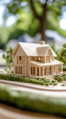 Poster - Close-up of a meticulously crafted wooden house model, showcasing sustainable design and eco-conscious construction in a residential setting