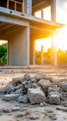Poster - Concrete fragments scattered near unfinished structure during warm late-afternoon sunlight