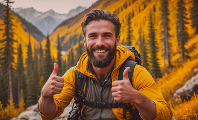 Aufkleber - Man with a beard and a backpack is smiling and giving thumbs up. He is in a yellow jacket and is surrounded by trees