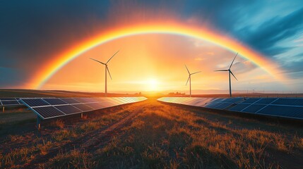 Aufkleber - Solar panels and wind turbines under a vibrant rainbow at sunset, representing renewable energy, sustainability, and environmental responsibility, Generative AI