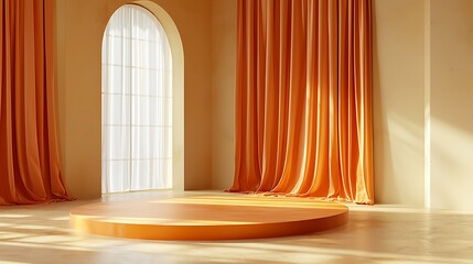 Poster - Minimalist Product Display Platform Orange Yellow Curtains Warm Light Studio Background