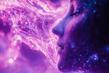 Poster - Exploring ethereal beauty with vibrant light and cosmic elements in a mesmerizing portrait of a woman