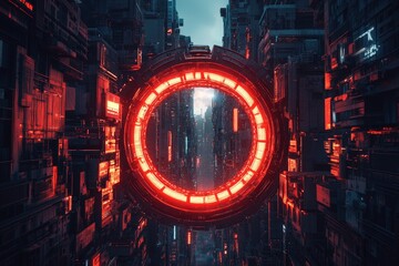 Poster - Futuristic cityscape featuring a glowing red circular portal in a high-tech environment at twilight