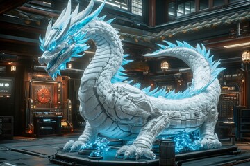 Poster - Intricate white dragon sculpture with glowing blue accents in a futuristic gallery setting