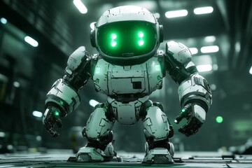 Poster - Robot with glowing green eyes stands in a futuristic workshop, illuminated by bright artificial lighting