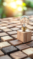 Aufkleber - Glowing light bulb balancing on wooden cube, symbolizing creative breakthrough amid clustered illumination