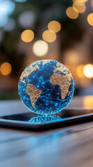 Aufkleber - Digital holographic globe projecting from tablet, showcasing interconnected continental networks with golden and azure landmasses