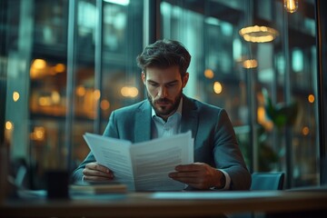 Poster - Man reviewing documents in a modern office during the evening hours with warm indoor lighting